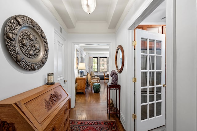 444 E 57th St Unit 5B, New York City, NY 10022 - corridor featuring wood-type flooring and crown molding
