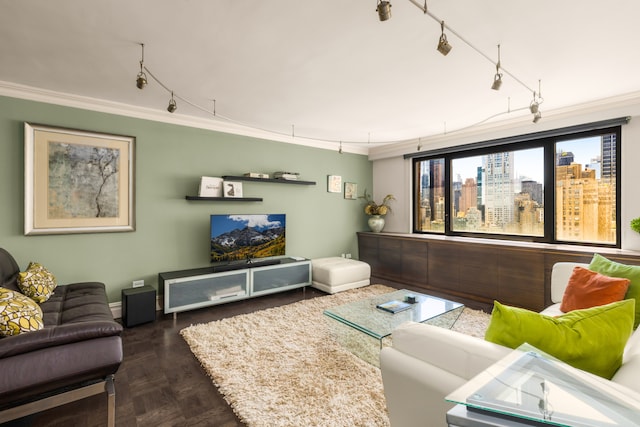10 W 66th St Unit 30G, New York City, NY 10023 - living area featuring ornamental molding, rail lighting, and baseboards