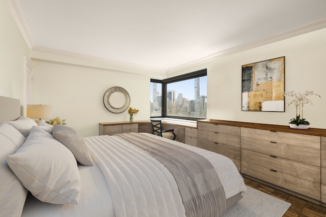 10 W 66th St Unit 30G, New York City, NY 10023 - bedroom with crown molding and a skyline view