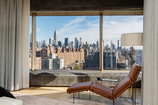 551 W 21st St Unit 16-B, New York City, NY 10011 - living area featuring a view of skyline, wood finished floors, and healthy amount of natural light
