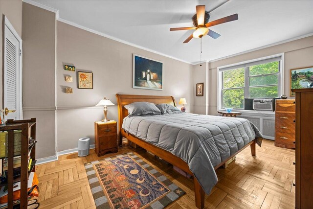 750 Kappock St Unit 1A, New York City, NY 10463 - bedroom featuring ornamental molding, radiator heating unit, baseboards, ceiling fan, and cooling unit
