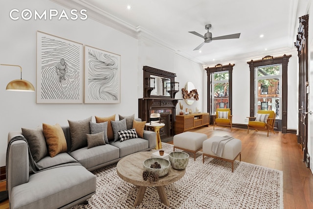 64 Clifton Place, New York City, NY 11238 - living room with ornamental molding, hardwood / wood-style floors, a ceiling fan, and recessed lighting
