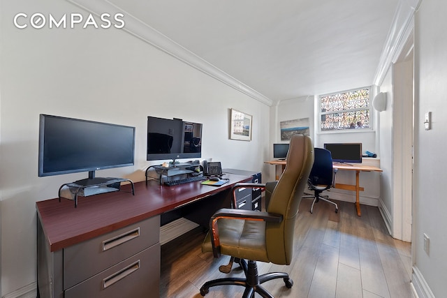 198 6th Ave, New York City, NY 10013 - office area with wood finished floors, ornamental molding, and baseboards