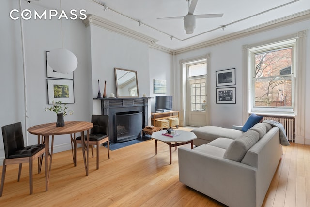 198 6th Ave, New York City, NY 10013 - living area with light wood-style flooring, a fireplace with flush hearth, radiator heating unit, track lighting, and a ceiling fan