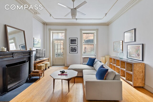 198 6th Ave, New York City, NY 10013 - living area with track lighting, ceiling fan, hardwood / wood-style floors, crown molding, and a fireplace with flush hearth