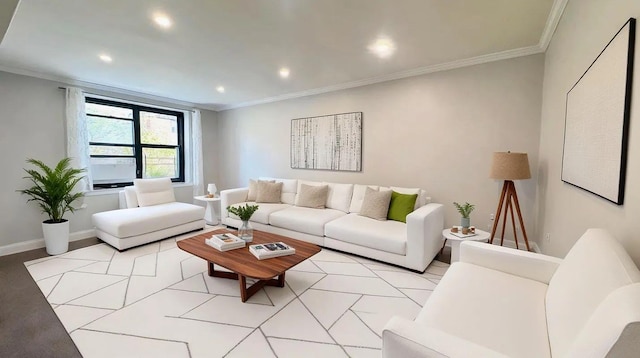 90-09 Northern Blvd Unit 504, New York City, NY 11372 - living room featuring crown molding, recessed lighting, and baseboards