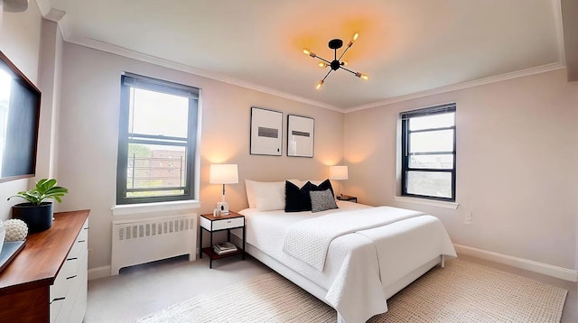 90-09 Northern Blvd Unit 504, New York City, NY 11372 - bedroom with radiator, a chandelier, crown molding, light carpet, and baseboards