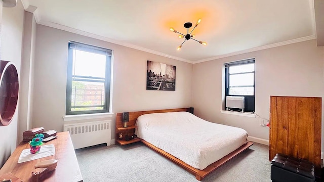90-09 Northern Blvd Unit 504, New York City, NY 11372 - carpeted bedroom featuring radiator heating unit, ornamental molding, a chandelier, and baseboards