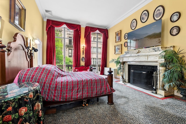 11 E 73rd St Unit 2Bc, New York City, NY 10021 - carpeted bedroom with crown molding and a glass covered fireplace