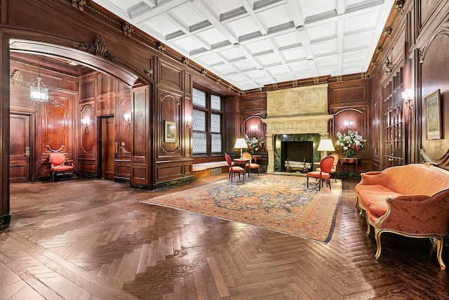 11 E 73rd St Unit 2Bc, New York City, NY 10021 - common area with wood walls, coffered ceiling, beamed ceiling, and crown molding