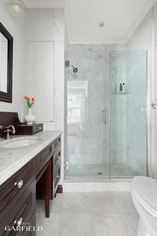 2 E 80th St Unit 7, New York City, NY 10075 - full bath with vanity, a marble finish shower, crown molding, marble look tile flooring, and toilet