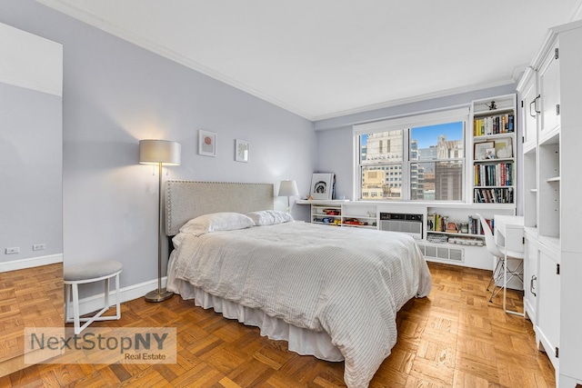 1175 York Ave Unit 16J, New York City, NY 10065 - bedroom with ornamental molding, baseboards, and a view of city