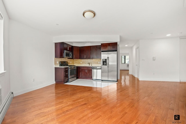 456 W 167th St Unit 2-A, New York City, NY 10032 - kitchen with stainless steel appliances, a baseboard heating unit, light countertops, tasteful backsplash, and light wood finished floors