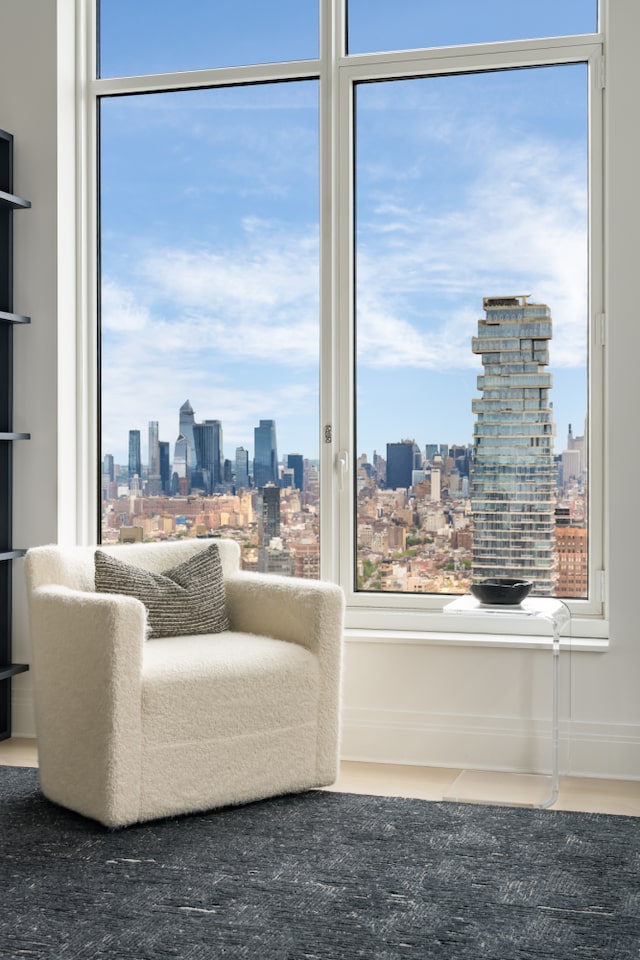 30 Park Pl Unit 60B, New York City, NY 10007 - living area featuring a view of skyline, plenty of natural light, and baseboards