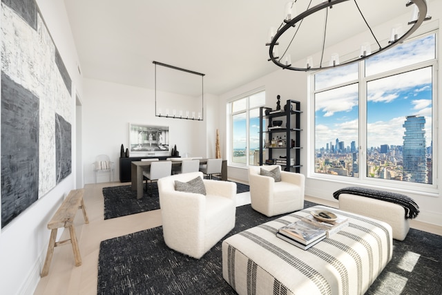 30 Park Pl Unit 60B, New York City, NY 10007 - living room featuring a chandelier and a view of skyline