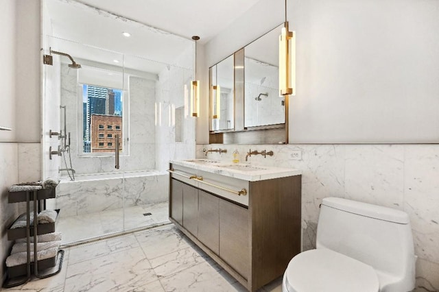 305 E 51st St Unit 20-B, New York City, NY 10022 - full bathroom featuring marble finish floors, a tub with marble appearance, double vanity, tile walls, and a marble finish shower