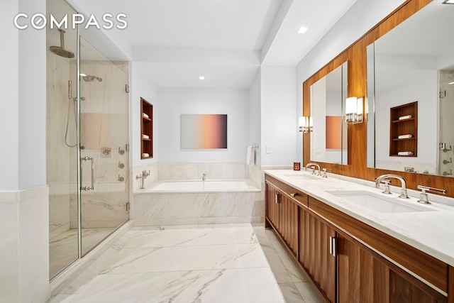 150 Charles St Unit 4An, New York City, NY 10014 - bathroom with a garden tub, a marble finish shower, double vanity, and marble finish floors