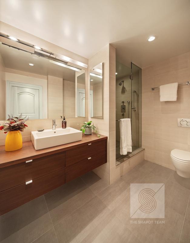 165 W 66th St Unit 21Ef, New York City, NY 10023 - bathroom with tile patterned flooring, tile walls, a shower stall, and vanity