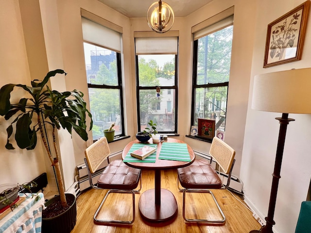 298 12th St Unit 2F, New York City, NY 11215 - dining space with light wood-style flooring, a chandelier, and a baseboard radiator