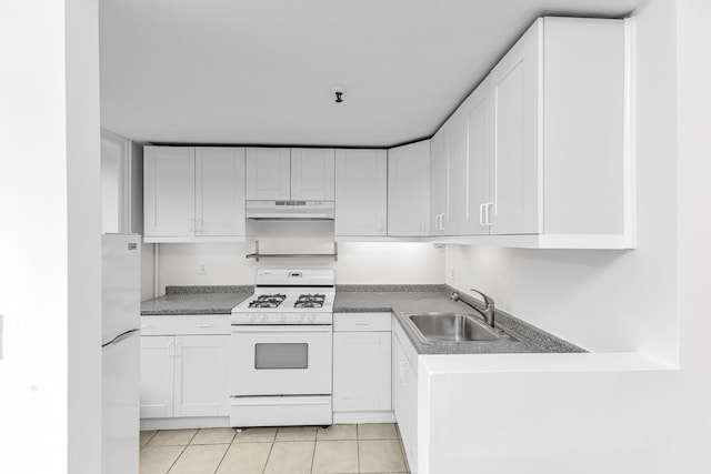 367 Carlton Ave, New York City, NY 11238 - kitchen featuring gas range gas stove, under cabinet range hood, freestanding refrigerator, and white cabinetry