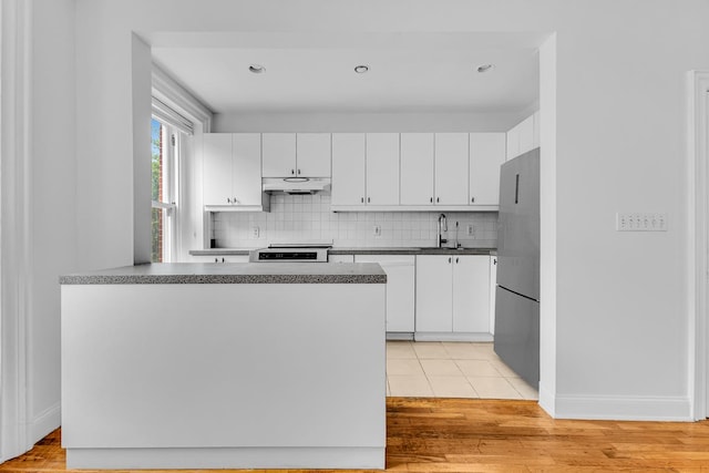 367 Carlton Ave, New York City, NY 11238 - kitchen with freestanding refrigerator, under cabinet range hood, stove, tasteful backsplash, and a peninsula