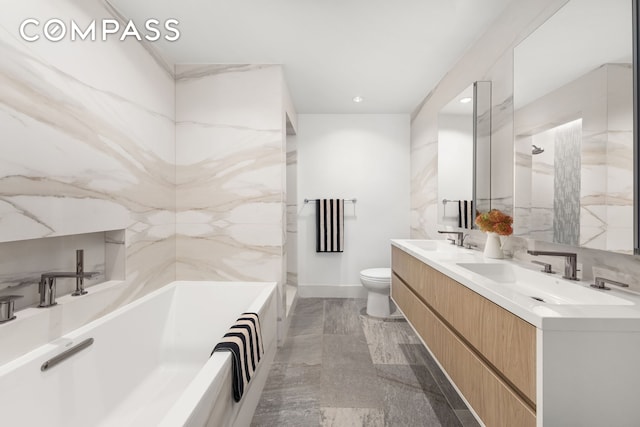 868 Lorimer St Unit 3C, New York City, NY 11222 - full bathroom with double vanity, a bath, toilet, recessed lighting, and a shower