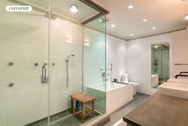 17 Murray St Unit 4Fl, New York City, NY 10007 - full bath with a shower stall, vanity, tile patterned flooring, and recessed lighting