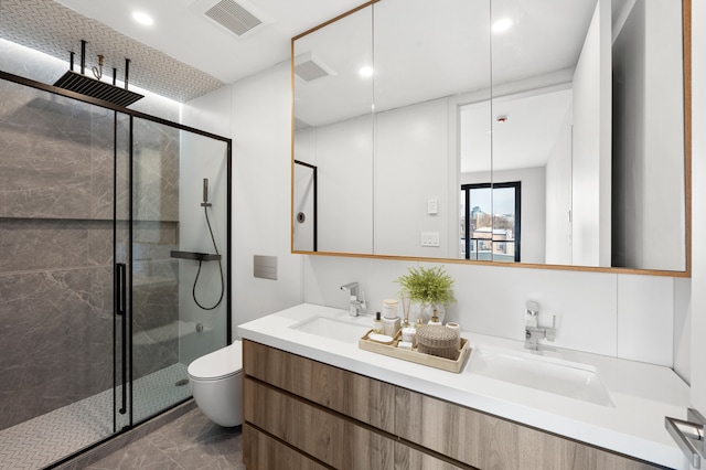 110 Eckford St Garden, Unit Garden, New York City, NY 11222 - full bathroom featuring double vanity, a shower stall, toilet, marble finish floors, and recessed lighting