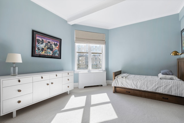 14 E 75th St Unit 10D, New York City, NY 10021 - bedroom featuring light carpet, baseboards, crown molding, and beam ceiling
