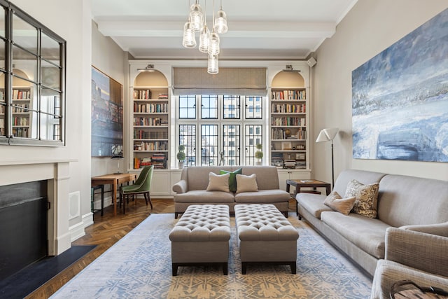 14 E 75th St Unit 10D, New York City, NY 10021 - living area featuring ornamental molding, built in shelves, a fireplace with flush hearth, a chandelier, and beamed ceiling