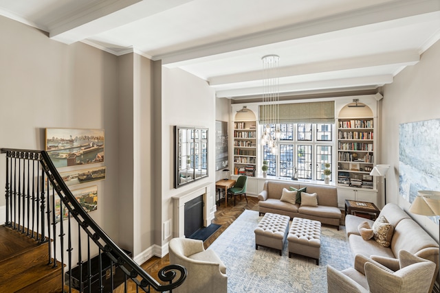 14 E 75th St Unit 10D, New York City, NY 10021 - living room featuring beam ceiling, crown molding, wood finished floors, baseboards, and a fireplace with flush hearth