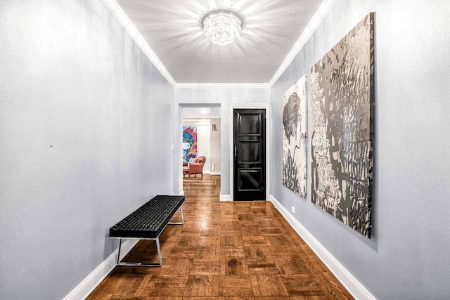 400 W End Ave Unit 6B, New York City, NY 10024 - hall with a chandelier, baseboards, and crown molding