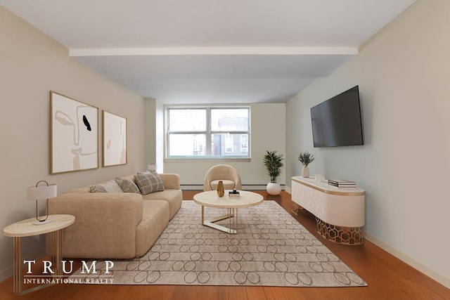 303 W 146th St Unit 7-R, New York City, NY 10039 - living area with baseboards, wood finished floors, a baseboard radiator, and beam ceiling