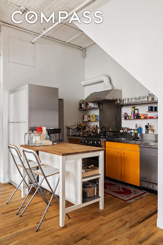 391/2 Crosby St Unit 4, New York City, NY 10012 - kitchen featuring open shelves, light wood-type flooring, dishwasher, stainless steel counters, and a sink