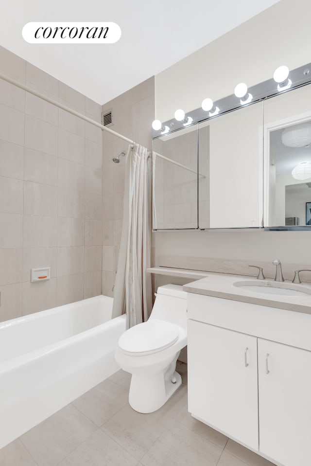 350 Albany St Unit 4F, New York City, NY 10280 - bathroom with vanity, tile patterned floors, and shower / bathtub combination with curtain