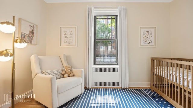 20 Plaza St E Unit A-8, New York City, NY 11238 - bedroom with a crib, baseboards, and radiator