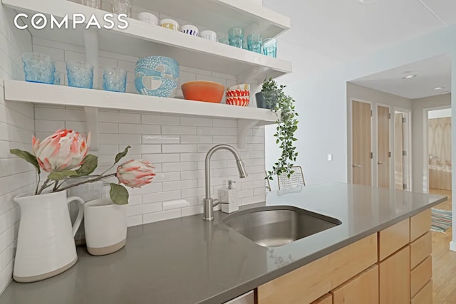 475 Sterling Pl Unit 3A, New York City, NY 11238 - kitchen featuring light brown cabinetry, open shelves, backsplash, and recessed lighting