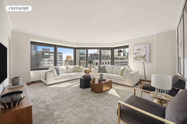 150 W 56th St Unit 3502, New York City, NY 10019 - living room with healthy amount of natural light, crown molding, and a view of city