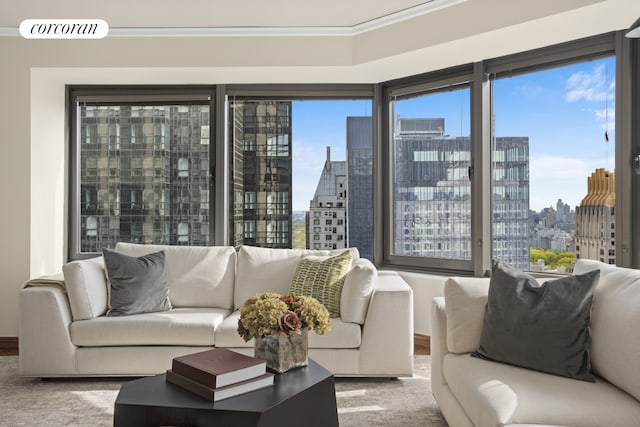 150 W 56th St Unit 3502, New York City, NY 10019 - carpeted living area with a view of skyline and ornamental molding