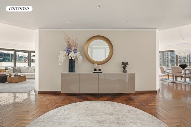 150 W 56th St Unit 3502, New York City, NY 10019 - interior space with baseboards, a chandelier, crown molding, and recessed lighting