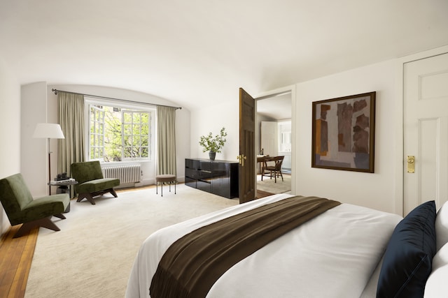 27 W 67th St Unit 2Fe, New York City, NY 10023 - bedroom featuring radiator, wood finished floors, and vaulted ceiling