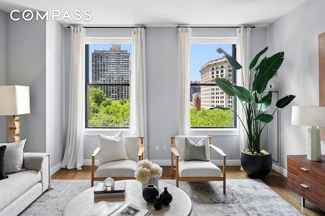 225 5th Ave Unit 7K, New York City, NY 10010 - living area featuring a city view, wood finished floors, and baseboards