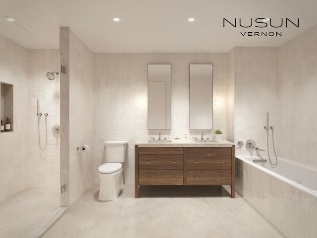 30-55 Vernon Blvd Unit 2P, New York City, NY 11102 - full bathroom featuring a tile shower, double vanity, tiled tub, tile walls, and toilet
