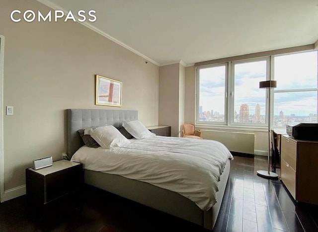 404 E 76th St Unit 30A, New York City, NY 10021 - bedroom featuring ornamental molding, baseboards, radiator, dark wood finished floors, and a view of city