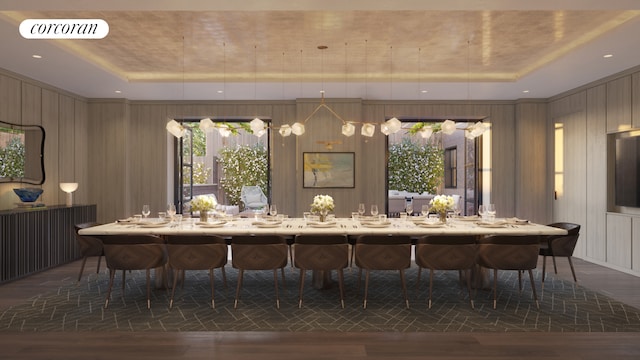 720 W End Ave Unit 8J, New York City, NY 10025 - bar area with a tray ceiling, dark wood finished floors, and wooden walls