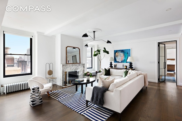 975 Park Ave Unit 14D, New York City, NY 10028 - living area featuring radiator, plenty of natural light, dark wood finished floors, and a premium fireplace