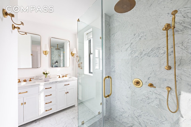 975 Park Ave Unit 14D, New York City, NY 10028 - bathroom with a marble finish shower, double vanity, and marble look tiles