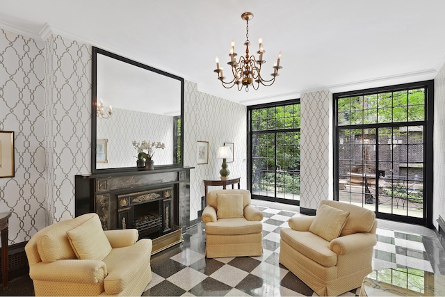 325 E 72nd St Unit 12C, New York City, NY 10021 - sitting room featuring crown molding, a chandelier, a fireplace with raised hearth, and wallpapered walls