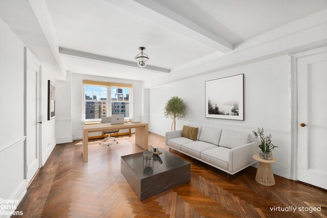 315 Riverside Dr Unit 16D, New York City, NY 10025 - living room featuring an office area and beamed ceiling