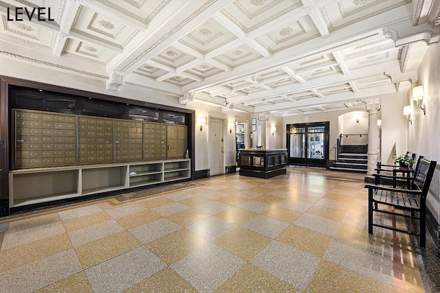200 W 108th St Unit 2-E, New York City, NY 10025 - building lobby featuring coffered ceiling, beamed ceiling, and crown molding